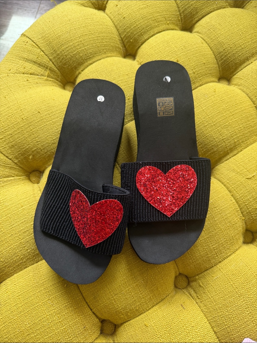 Black Slide Sandals with Red Glitter Heart Appliqués